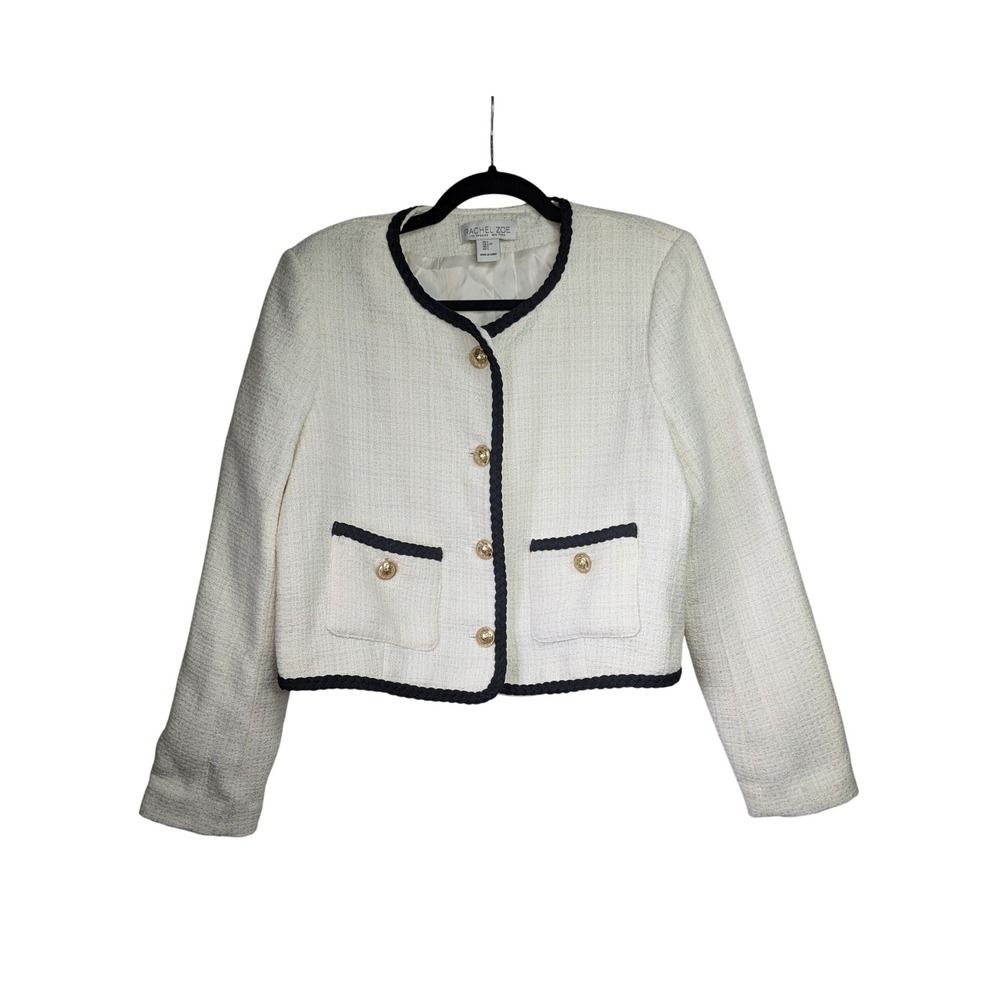 Rachel Zoe Womens Large Cream Tweed Cropped Button Up Blazer Preppy Quiet Luxury